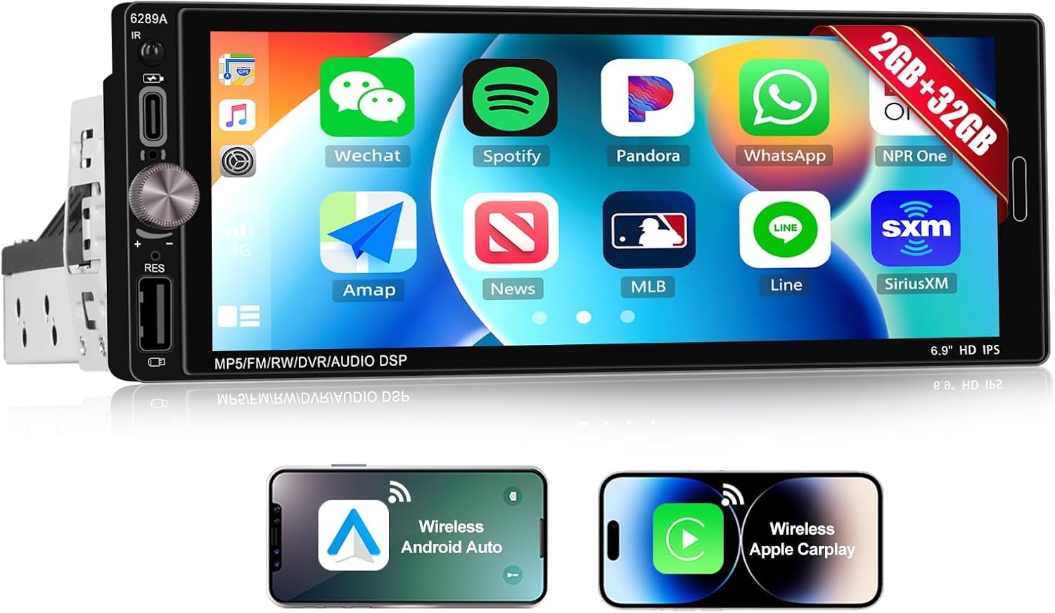 2G+32G Single Din Car Stereo with Wireless Apple Carplay Android Auto, Android 13 Head Unit, 6.9 Inch Touch Screen Car Radio with GPS Navigation WiFi FM Bluetooth 5.0 Type-C USB 16EQ