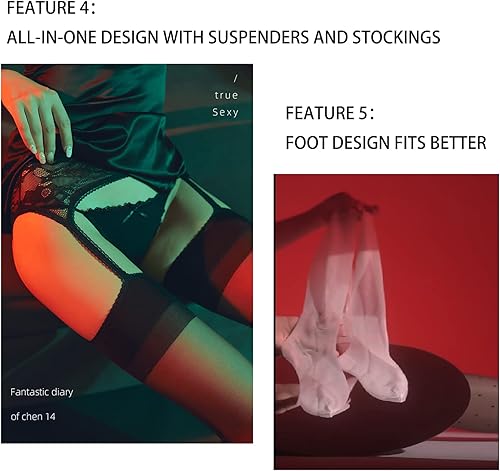 Vista 6 de Medias para mujer con tirantes, medias altas hasta el muslo, medias de encaje, liguero, medias de red