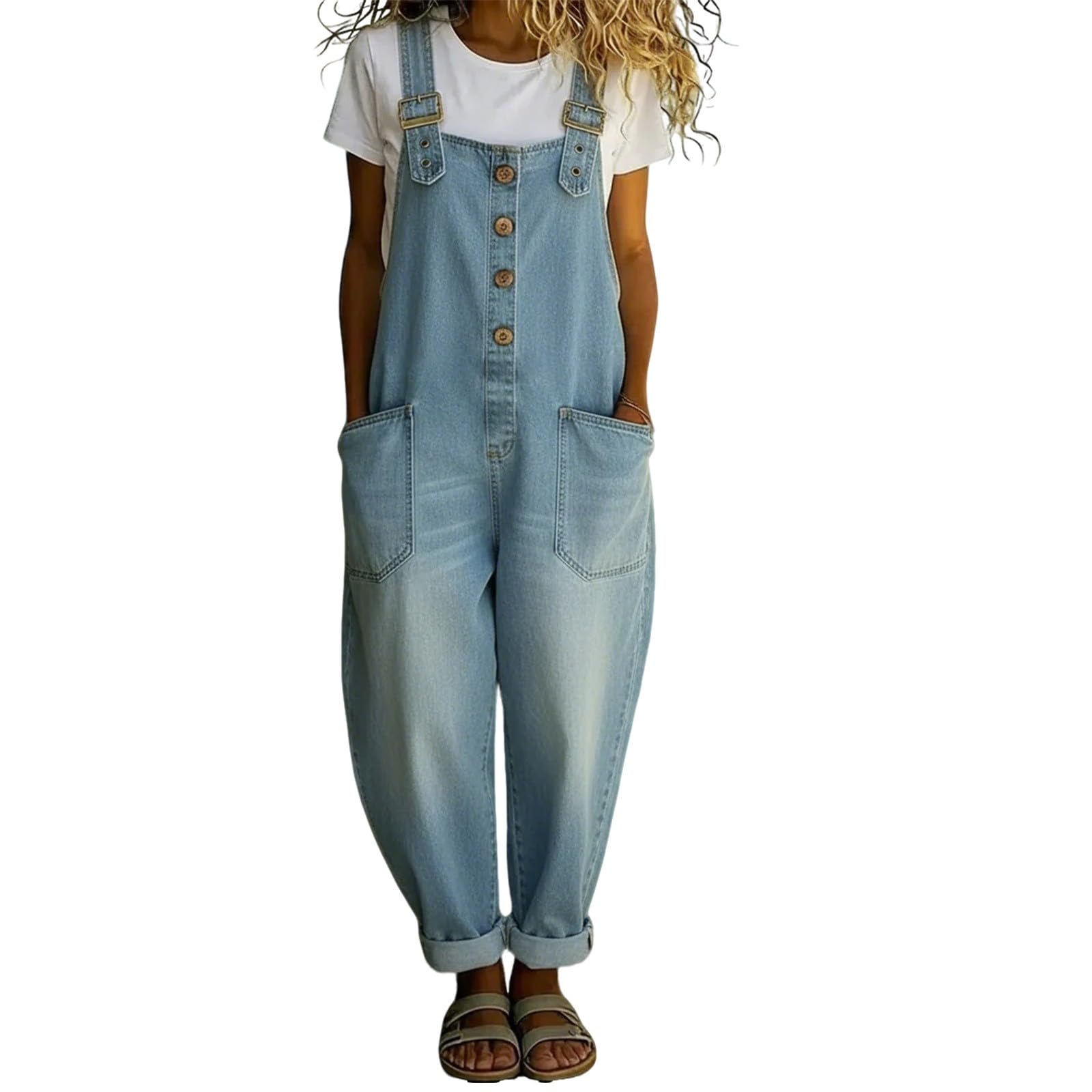 Salopette Femme ete Coton Combinaison Ample et Décontracté Femme avec Bretelles Réglables et Poches, Salopette de Travail Ete Fluide Chic Spaghetti Pantalon Large Grande Taille