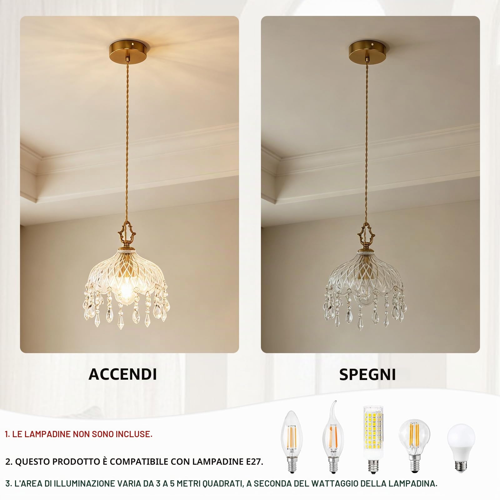 zhxinashu Lampada a Sospensione in Vetro per Camera da Letto - L | Lampada Pendente Fiore con Gocce di Cristallo, Lampadina E27 Non Inclusa, Cavo Regolabile 1M, Vintage Deco per Isola Cucina
