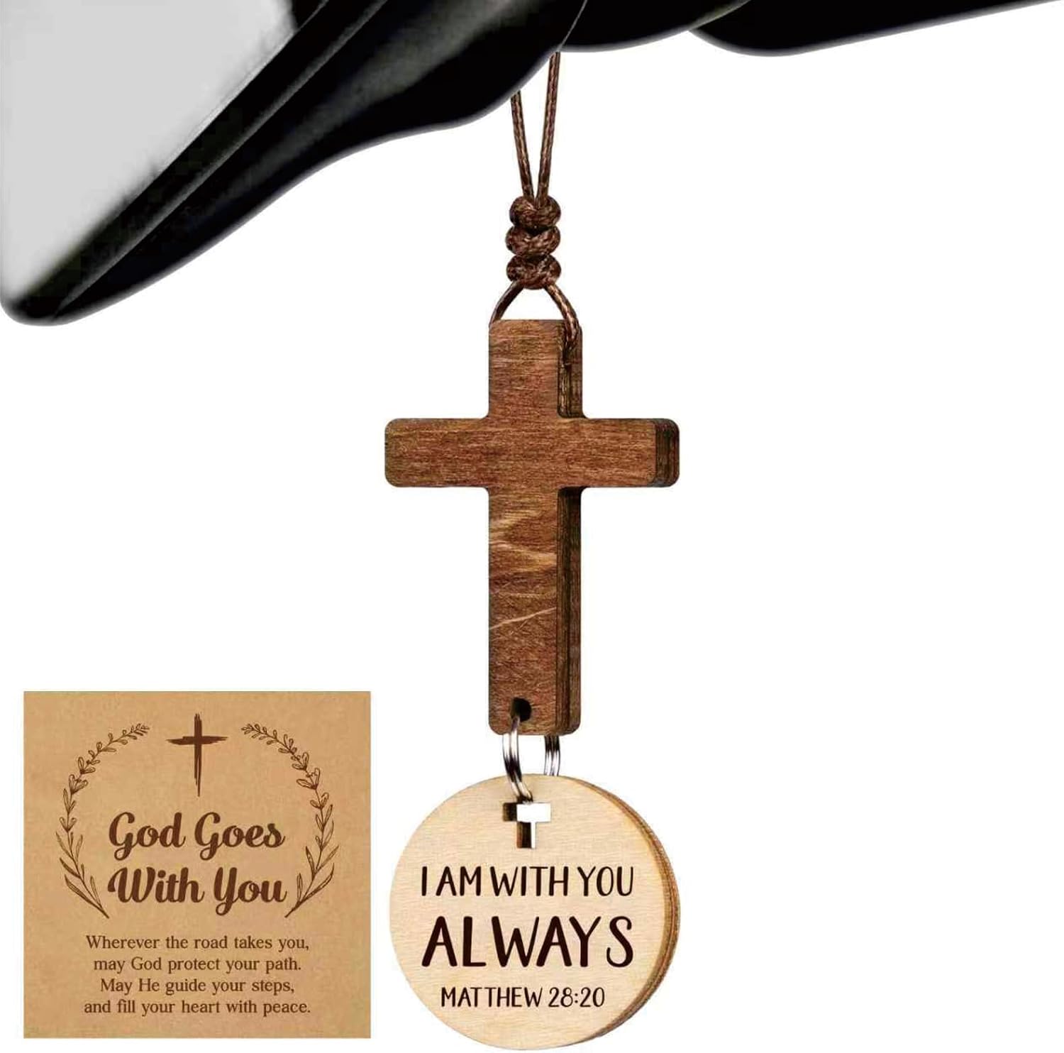 Wooden Engraved Christian Cross Car Hanging Ornament Rearview Mirror Decor for Cars SUVs