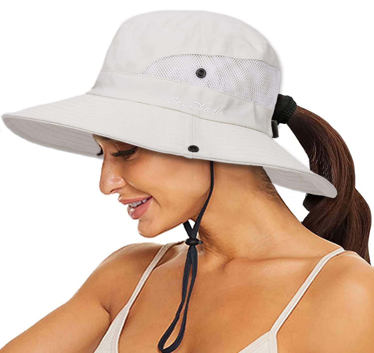 Women's Wide Brim Sun-Hat Summer UV Protection Fishing Hat Foldable with Ponytail Hole