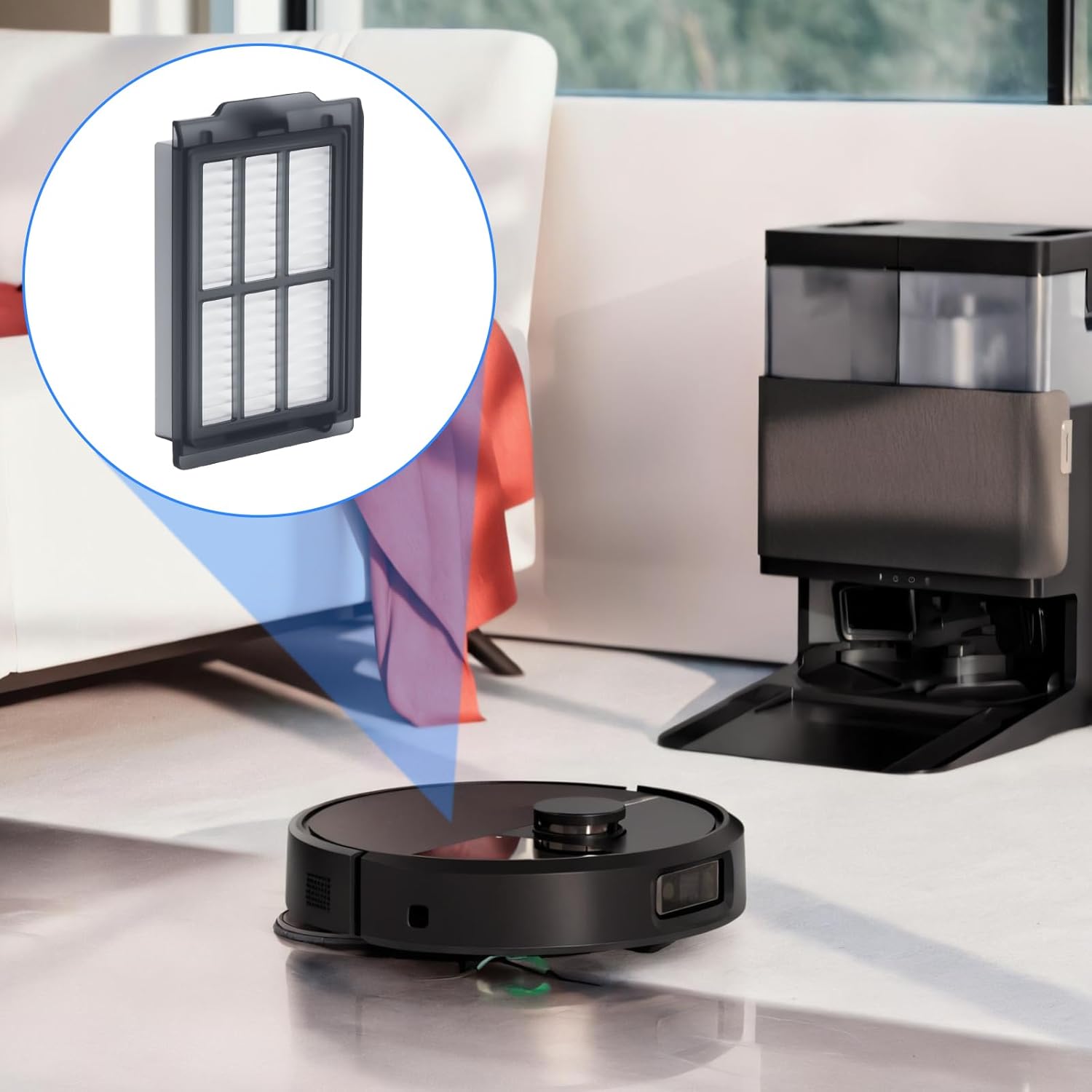 A HEPA filter being inserted into the dustbin of an iRobot Roomba robot vacuum cleaner.