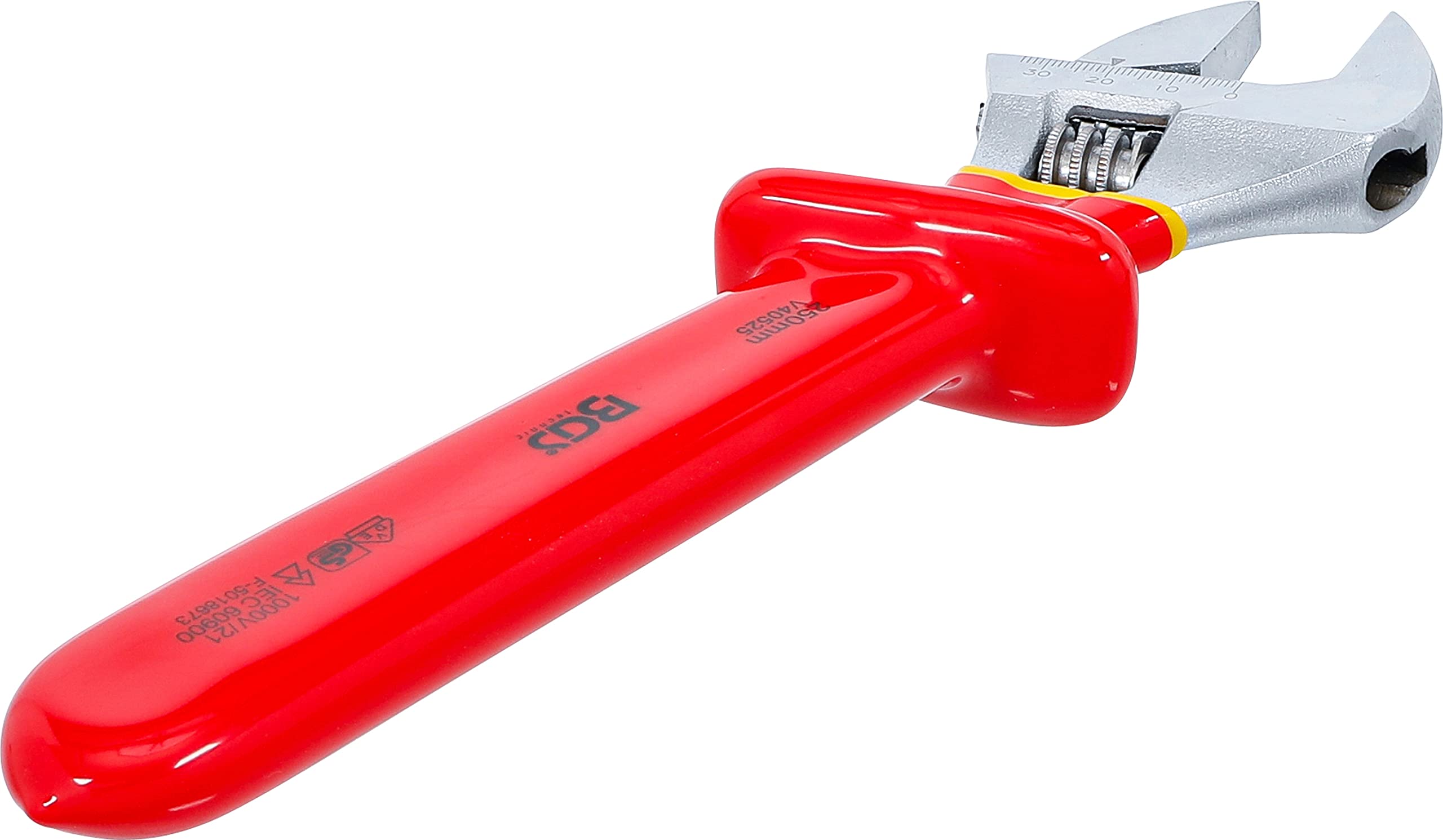 BGS 71098 | Llave inglesa VDE | máx. 38 mm | Longitud 250 mm | Acero al cromo vanadio | Aislamiento de inmersión según IEC 60900 | Ajuste de 15° | Escala en milímetros