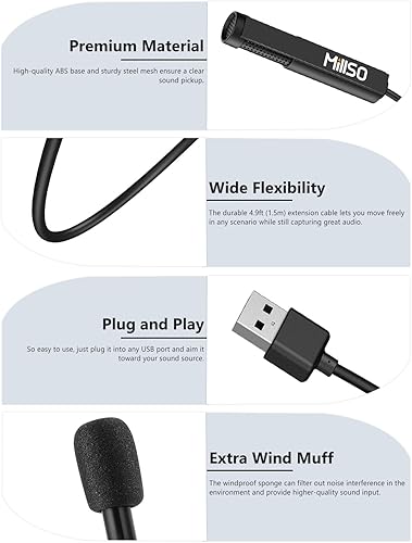 Miniatura 9 de MillSO Micrófono USB para PC, Plug & Play, mini micrófono USB omnidireccional externo USB Lavalier para computadora, laptop, YouTube, reunión,