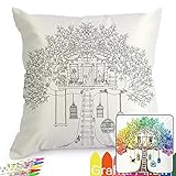Treehouse Pattern Graffiti Coloring Pillowcases 18 Inch Square for Kids, with A Set of 12 Doodle Color Pens
