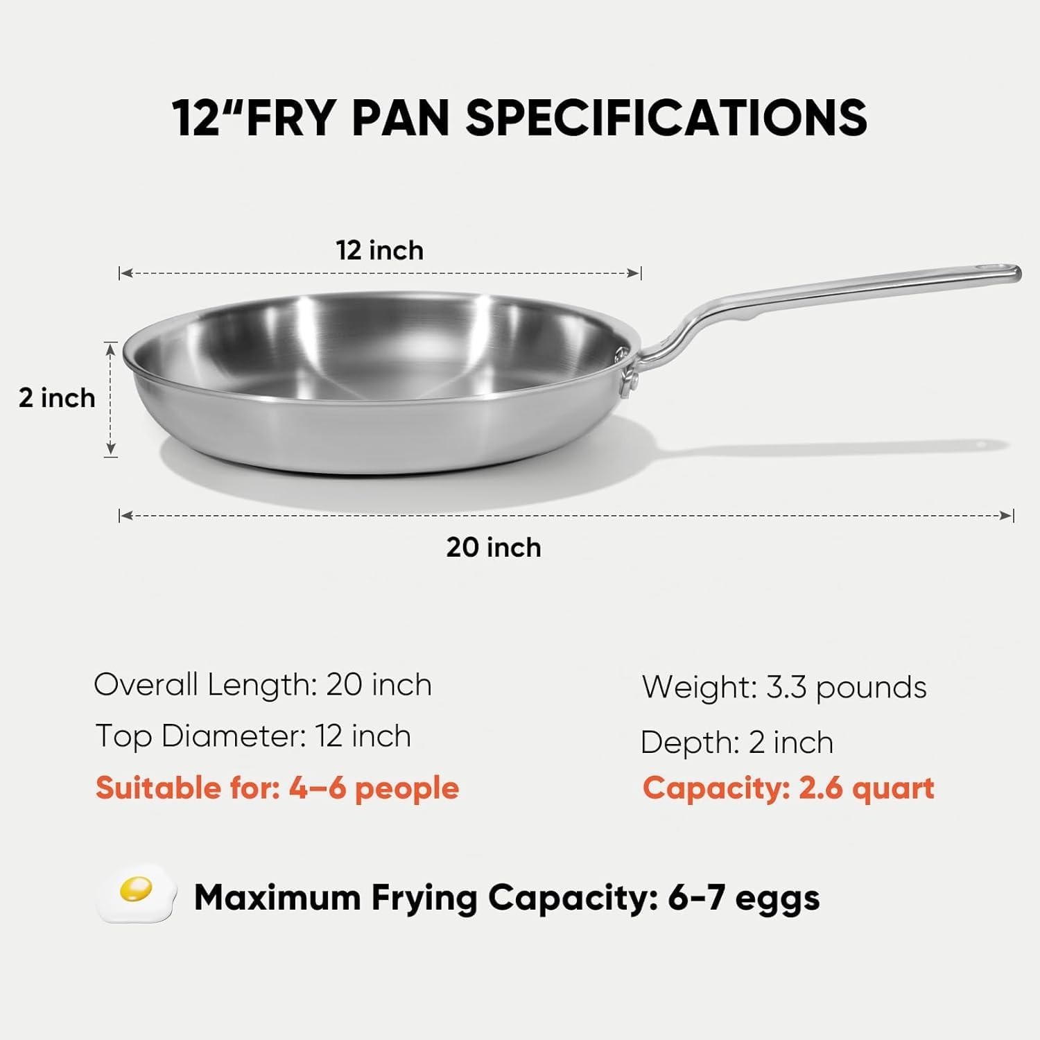 12 5-Ply Stainless Steel Frying Pan | dual aluminum core, uncoated surface, oven & broiler safe 800°F, induction ready, dishwasher safe, searing & family meals