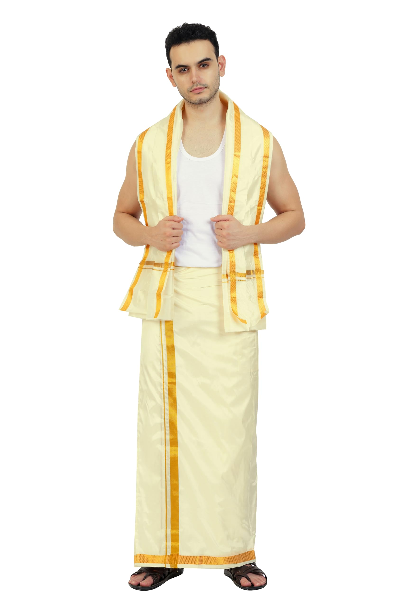 Mens Blended Silk type Jari Dhoti with Matching towel/Dhoti 1.28 x 3.60 Meter/1.28 x 1.80 Meter Towel/8 Mulam vesti & 4 Mulam Towel (ASHA-CREAM-8X4-006)-image-31