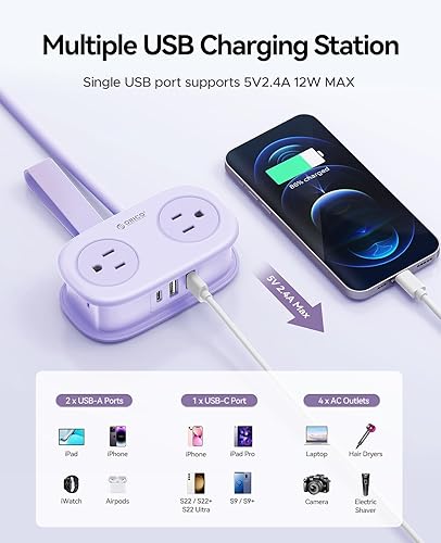 Miniatura 8 de ORICO Regleta de alimentación de viaje púrpura de 4 pies con 4 salidas de CA, 2 puertos USB-A y 1 puerto USB-C, cable de extensión de enchufe plano