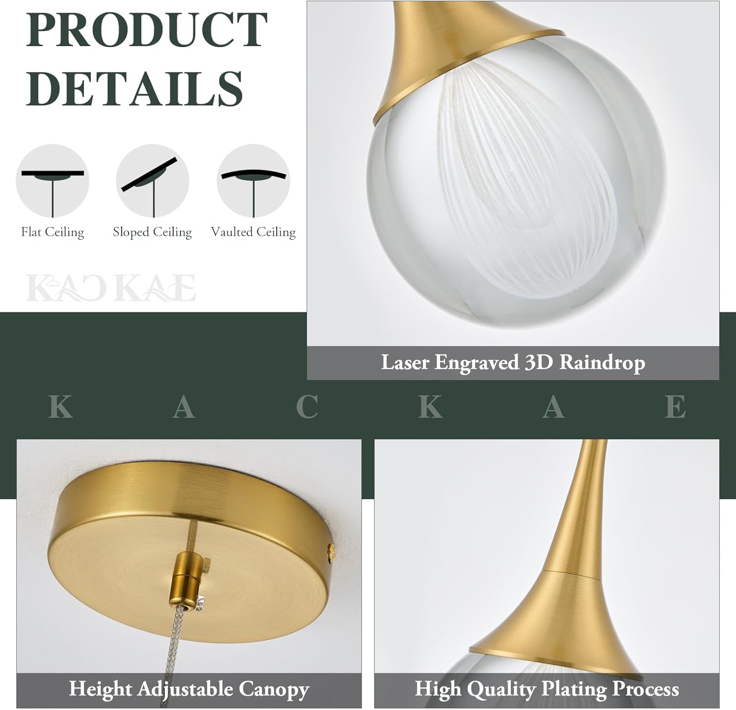 LED Pendant Light Kitchen Island Raindrop Crystal Pendant Lights Dimmable Gold Modern Hanging Light for Bedroom Bathroom Living Room 3000K Warm White, 1 Pack