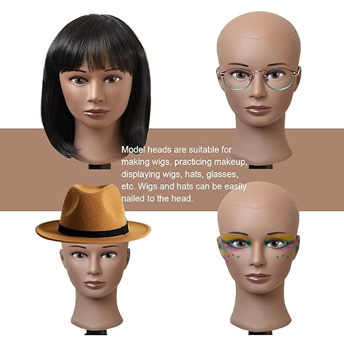 Miniatura 6 de Cabeza de maniquí femenina calva profesional para hacer y exhibir pelucas con soporte de abrazadera (marrón oscuro)