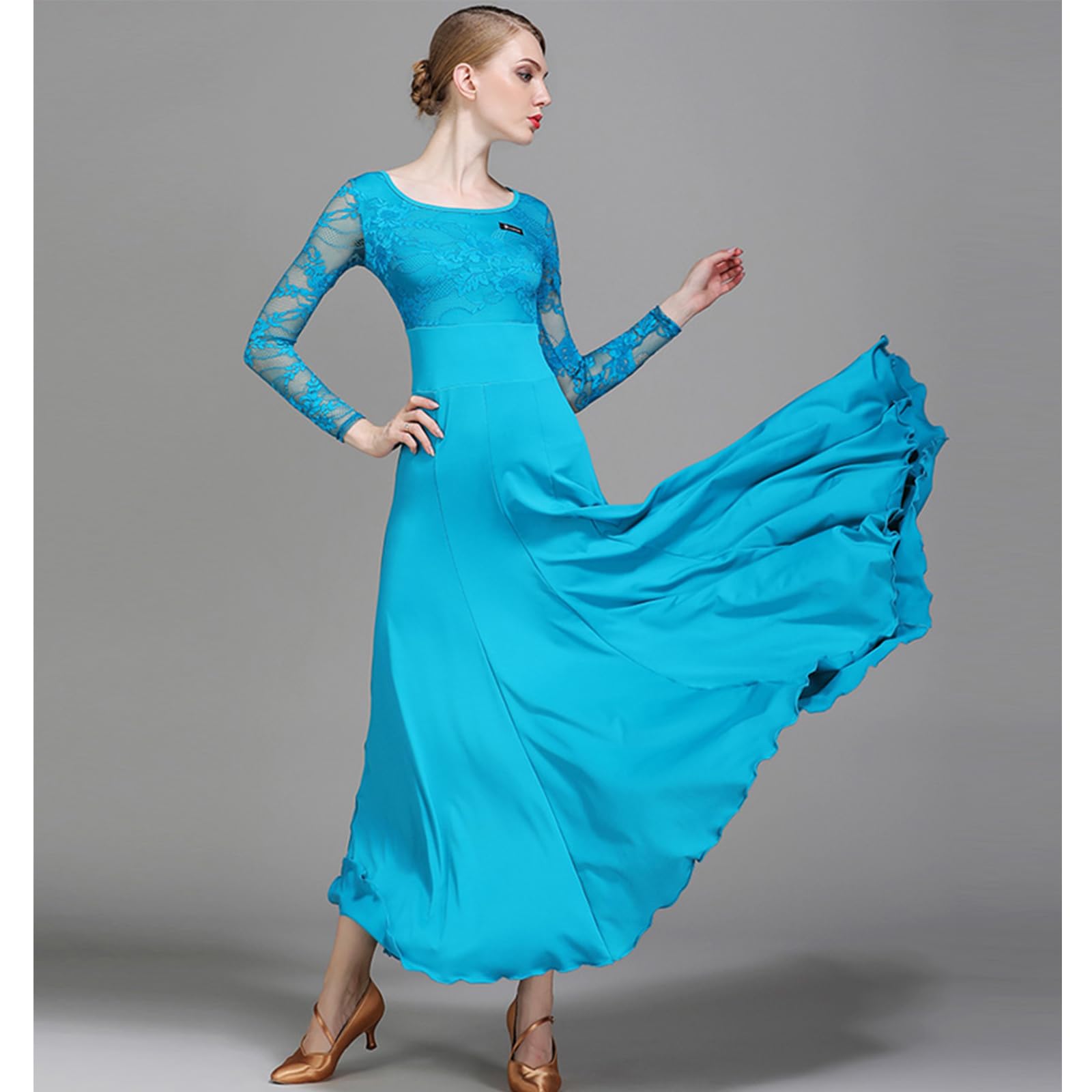 Vestidos De Baile De Salón para Mujer Vestido De Tango De Vals con Costura De Volantes Simples Traje De Baile De Tango Moderno De Manga Larga Falda De Ensayo Flamenco Foxtrot