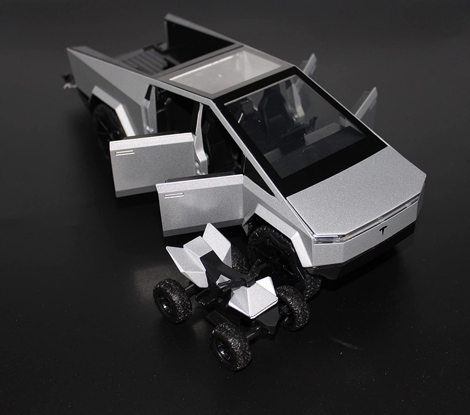 1:24 Tesla Cybertruck Pickup With Motorcycle Alloy Car Model Diecast Toy Vehicle Sound and Light Simitation Cars Model Toys Gift (SILVER)