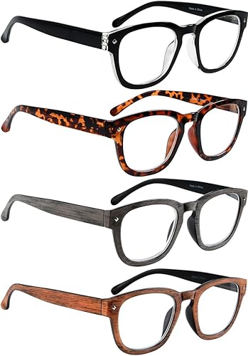 LUR Lentes de lectura para hombre, 0.75, cuadrados, clásicos, 4 paquetes, cómodos bisagras de resortediseño en tono madera
