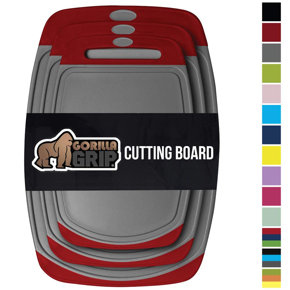 Gorilla GripOriginal Oversized Cutting Board, 3 Piece, Juice Grooves, Larger Thicker Boards, Easy Grip Handle, Perfect for the Dishwasher, Non Porous, Extra Large, Kitchen, Set of 3, Red Gray