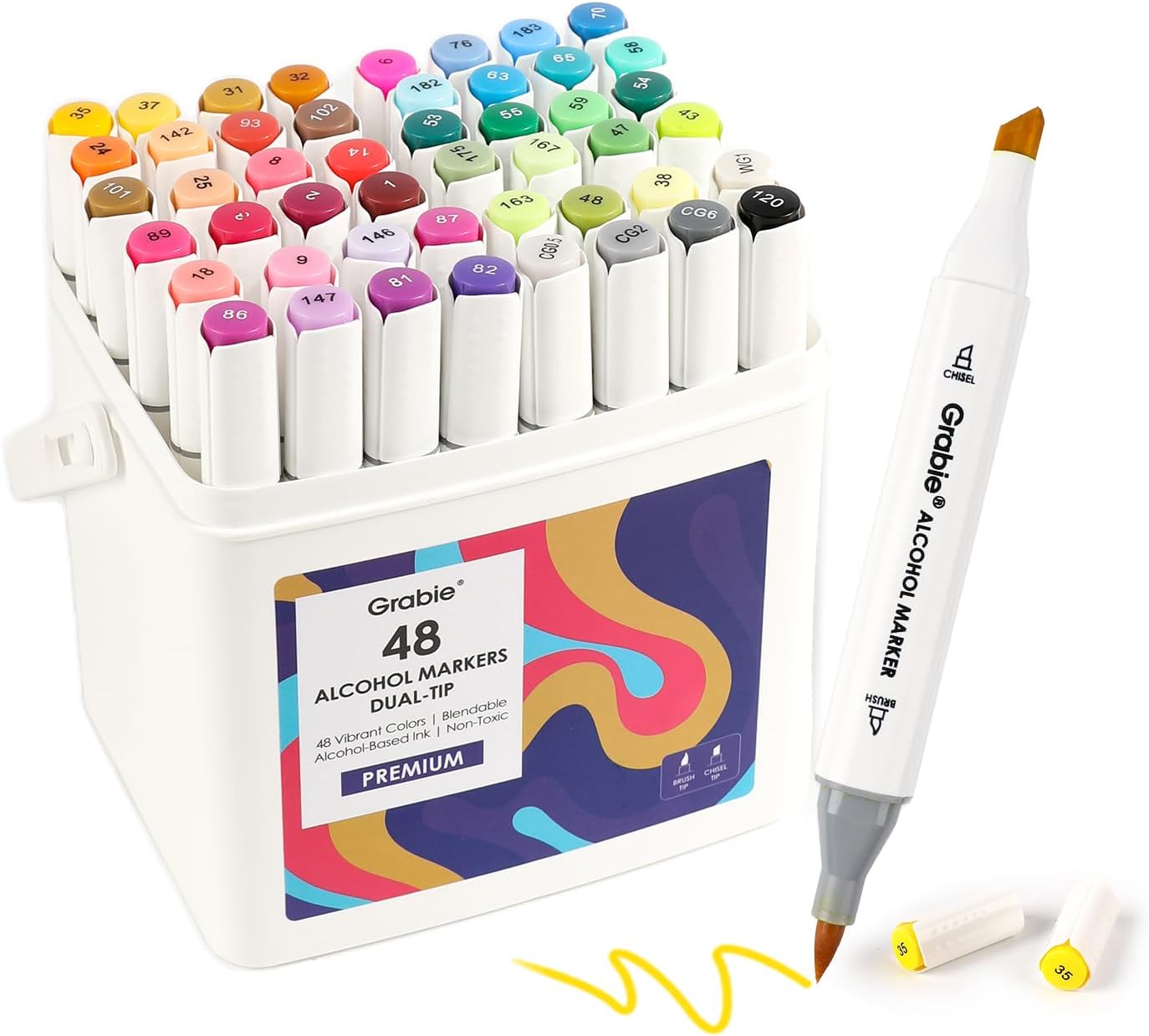 Grabie Alcohol Based Marker with Case and Coloring Book, 48-color Double Tipped Alcohol Markers, Chisel & Brush Alcohol-based Art Marker Set for Coloring Illustration