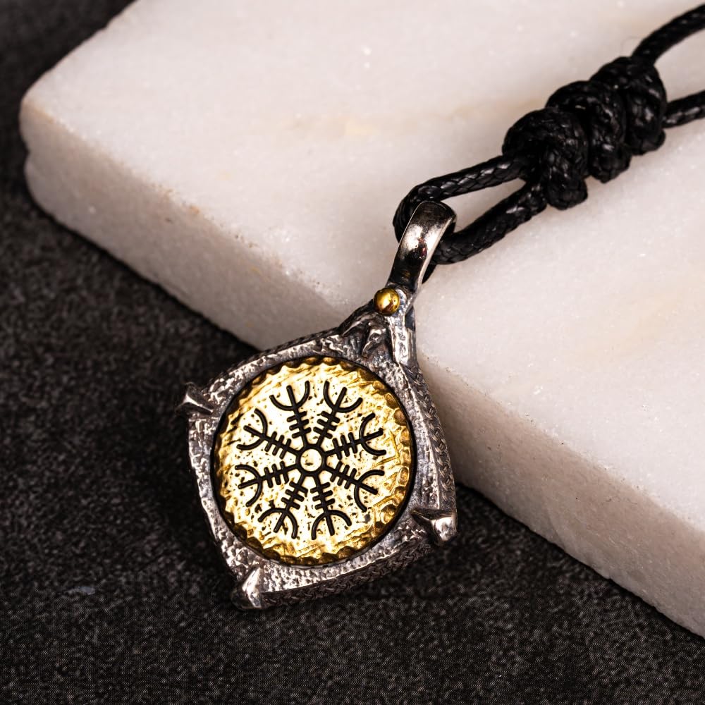 Collana con ciondolo vichingo in argento sterling 925 bicolore per uomo donna design nordico cordino nero e catena