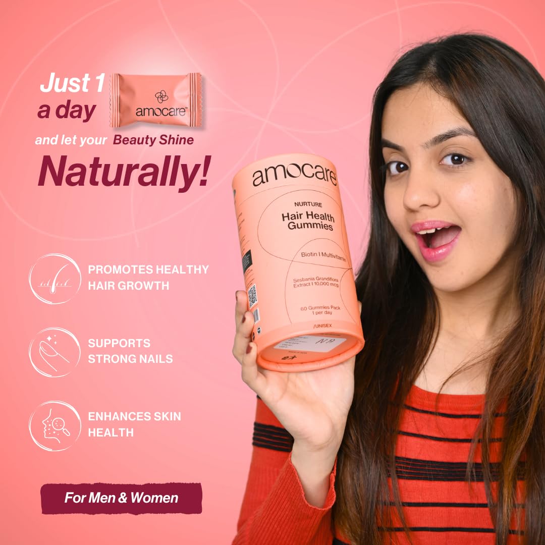 Amocare Biotin Hair Gummies (60 Gummies) | For Healthy Hair, Nails and Skin | With Biotin, Zinc, Vitamin B12, E, D2 and Calcium | Strawberry Flavour | Vegan and Gluten Free 1