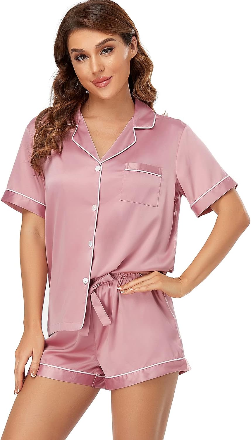 Serenedelicacy Women's Satin Pajama Set 2-Piece Sleepwear Loungewear Button Down Short Sleeve Silky PJ Set