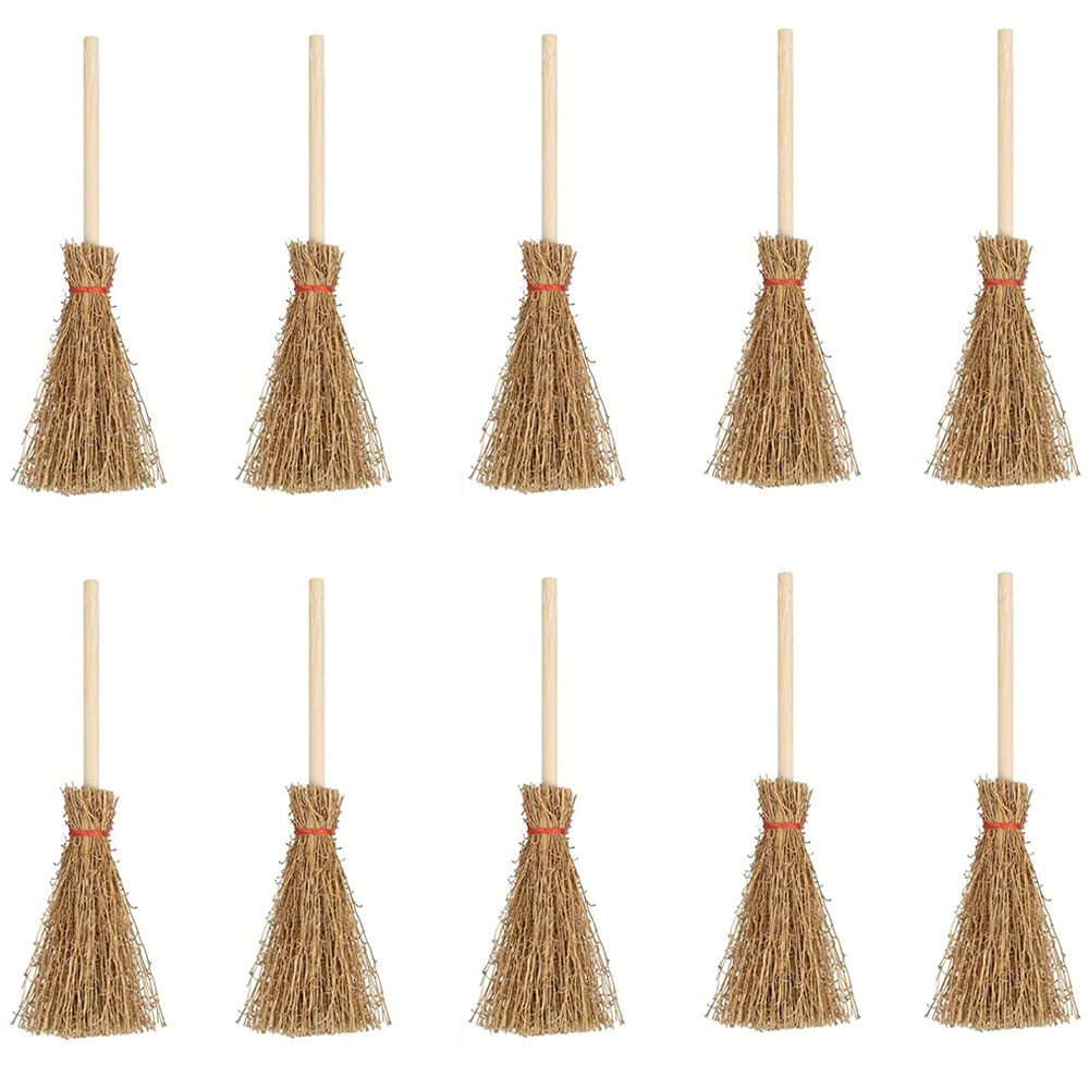 Cenpek Red 10Pcs Straw Craft Decoration Miniature Artificial Mini Brooms With Rope Witches Accessory For Halloween Party