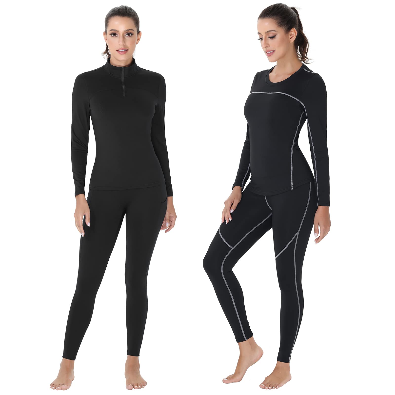 Odoland 2 Pack Thermal Underwear for Women, Winter Warm Skiing Base Layer Set Mock Turtleneck Sport Top & Bottom