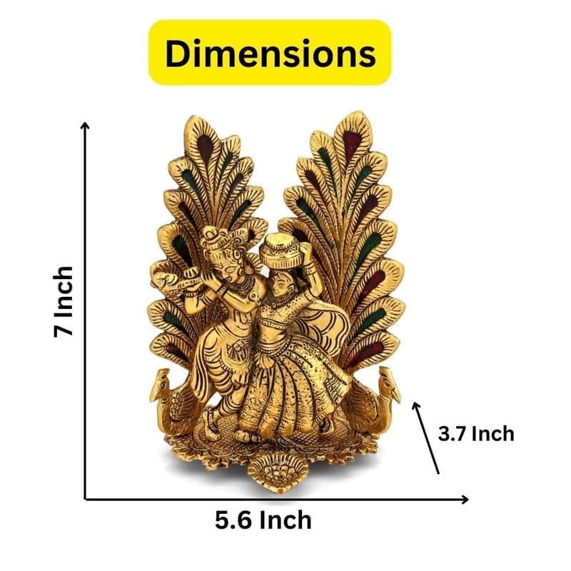Image of Brass Finish Metal Statue of Lord Krishna and Radha with Peacock, Traditional Indian Decor with Intricate Detailing for Home & Office 7-Inch Decorative Idol for Spiritual, Cultural.