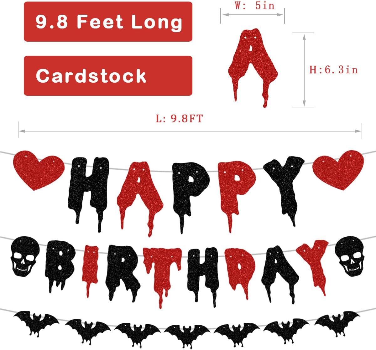 Pre-Strung Happy Birthday Halloween Banner, Red Black Glitter Happy Birthday Sign, Halloween Birthday Garland Bunting, Cake Banner, Hanging Party Decorations for Indoor or Outdoor - Image 4