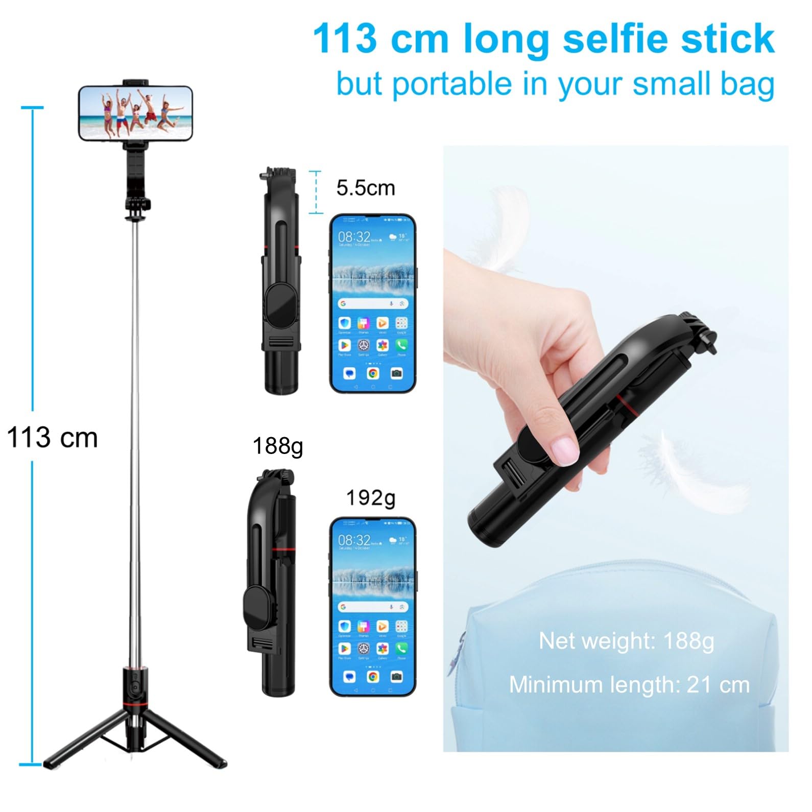 EASERIA Kijek do selfie dla iPhone Samsung, statyw do streamera na żywo, smartfona i tripod ze zdejmowanym uchwytem na telefon komórkowy i pilotem zdalnego sterowania