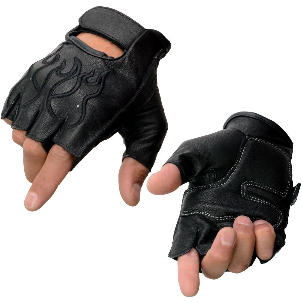 Milwaukee Leather SH198 Mens Black Leather Gel Padded Palm Fingerless Motorcycle Gloves w Flame Embroidery - 2X-Large
