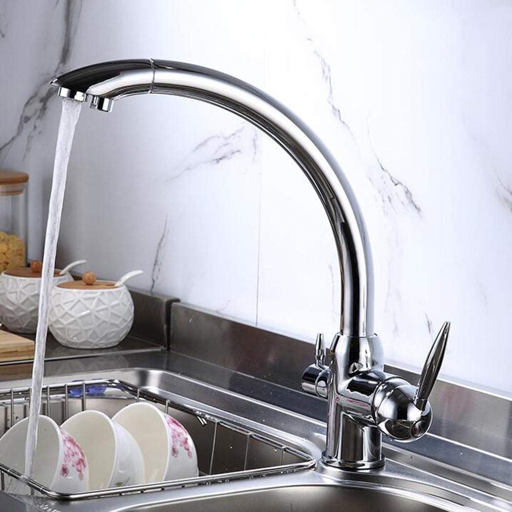 HLTYGWX Rubinetto da Cucina Rubinetto con Filtro dell'Acqua a 3 Vie Rubinetto Rotante per Acqua Calda e Fredda Doppio Ottone 2 uscite d'Acqua Rubinetto per depuratore d'Acqua da