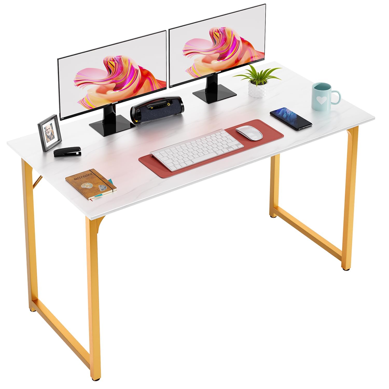 Small Desk, 48 Inch Small Computer Desk, Computer Table with MDF Board & Black Metal Frame, Work Desk with Adjustable Leg Pads, Office Table for Home Office Bedroom Small Spaces, Study Table, Gold