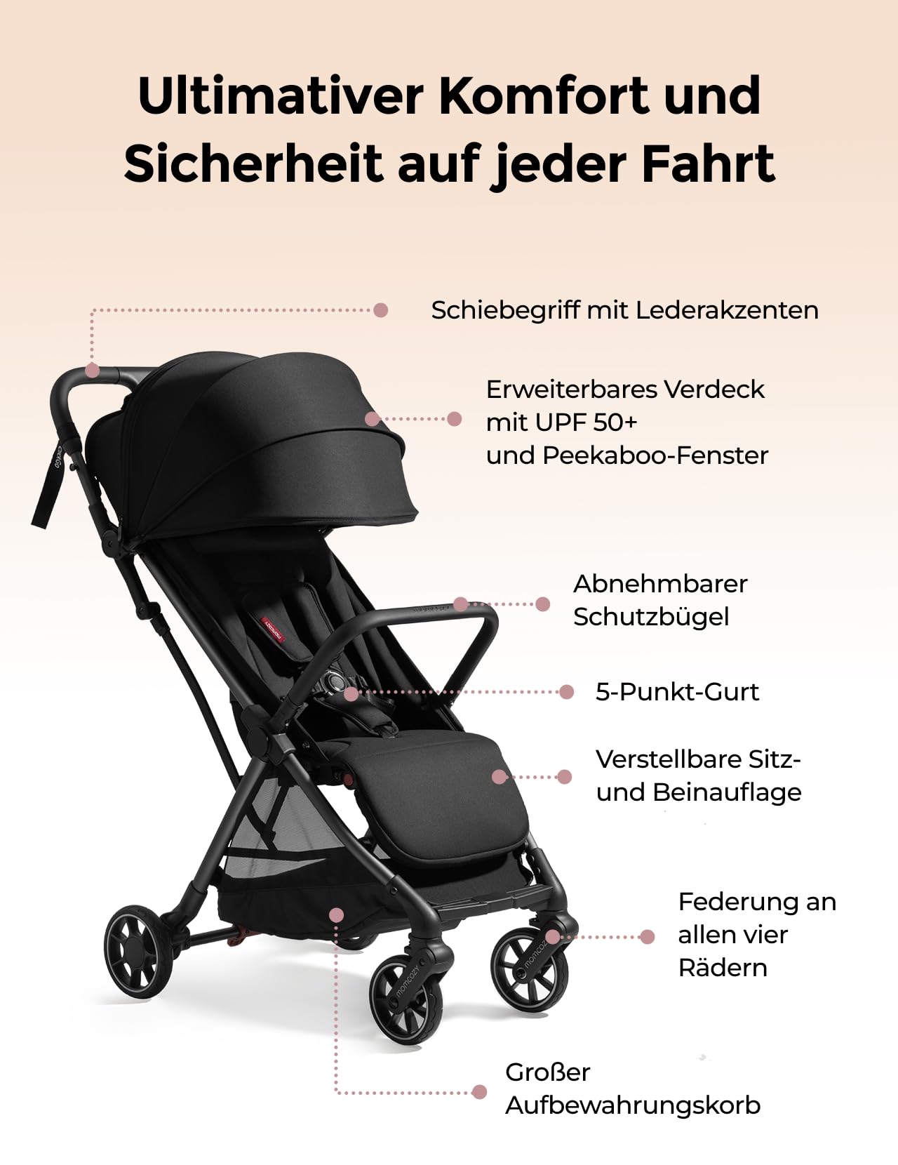 Momcozy ClickGo Buggy klein zusammenklappbar als Flugzeug-Handgepäck, Einhand-Klappmechanismus, mit Liegefunktion, UV-Schutz 50+, XL-Korb bis 3 kg, Geeignet von 0–4 Jahren bis 22 kg, Schwarz