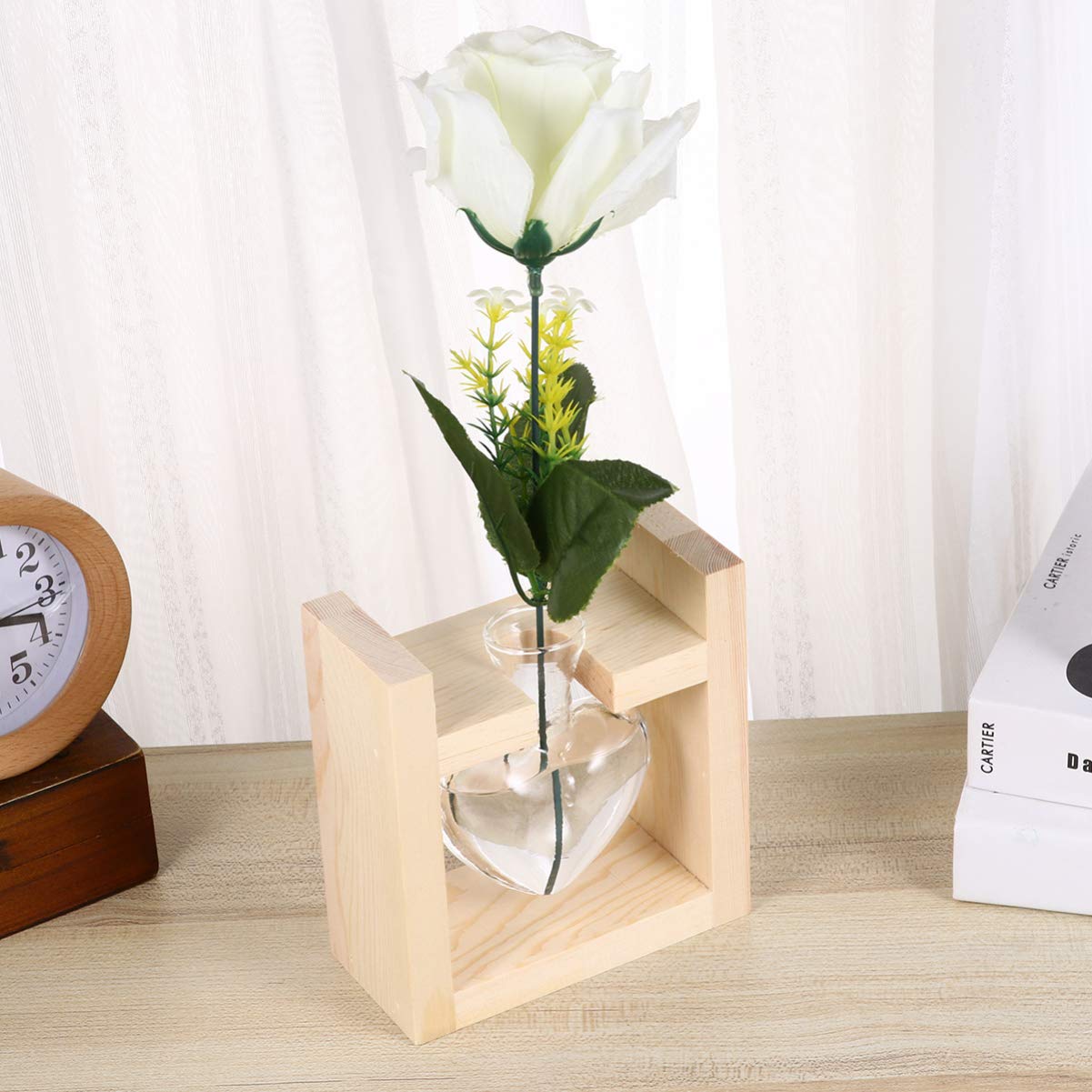 Jarrón hidropónico de Cristal en Forma de corazón, con Soporte de Madera para decoración de Escritorio de casa, Oficina, Boda, jarrón de Cristal con Soporte de Madera