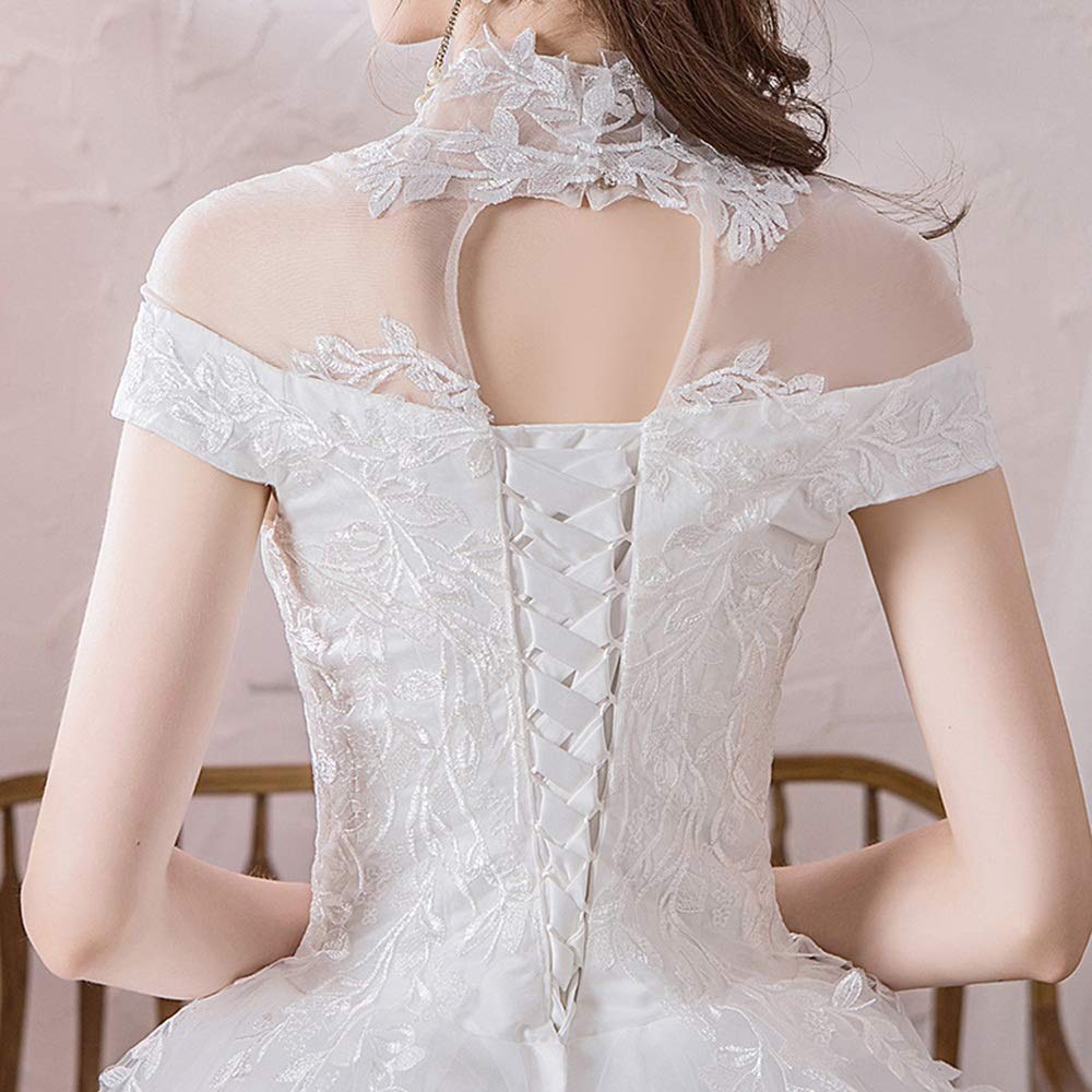 Vestido de novia elegante con cuello alto para mujer, largo hasta el suelo, falda esponjosa, bordado de noche, vestido de fiesta, bonito vestido (color: blanco, talla: extragrande) (blanco XL)