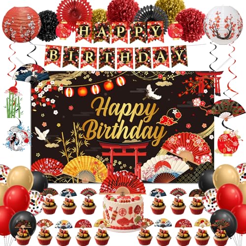 Lovarywow Japanese Hibachi Party Decorations 55PCS Hibachi Banners Hanging Swirls Backdrop Balloons Cake Topper Cupcake Toppers Paper Poms Fans Lanterns Asian Chinese Style Birthday Supplies