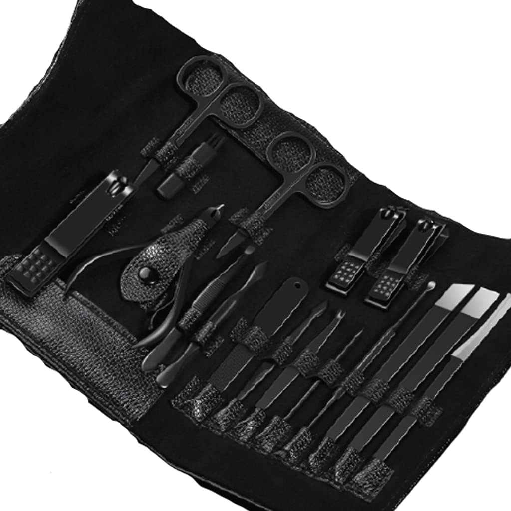 Set professionale per manicure 17 in 1 kit professionale per pedicure, forbici per unghie, kit da toelettatura con custodia da viaggio in pelle nera per adulti o bambini sicuri (colore nero)