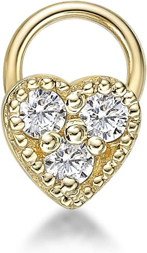 Lavari Jewelers 20 Gauge Curved Screw Milgrain Heart Nose Stud for Women - 10k Yellow Gold CZ Cubic Zirconia Nose Ring - Unisex Stud Hypoallergenic Nostril Piercing Jewelry - 20G Body Piercing for Men