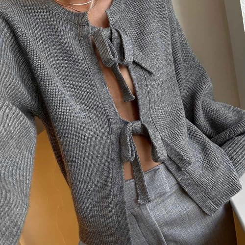 Image of Y2k Girls Tie Front Knitwear Cardigan Top Women Long Sleeve Open Front Knitted Crop Cardigan Sweater Streetwear