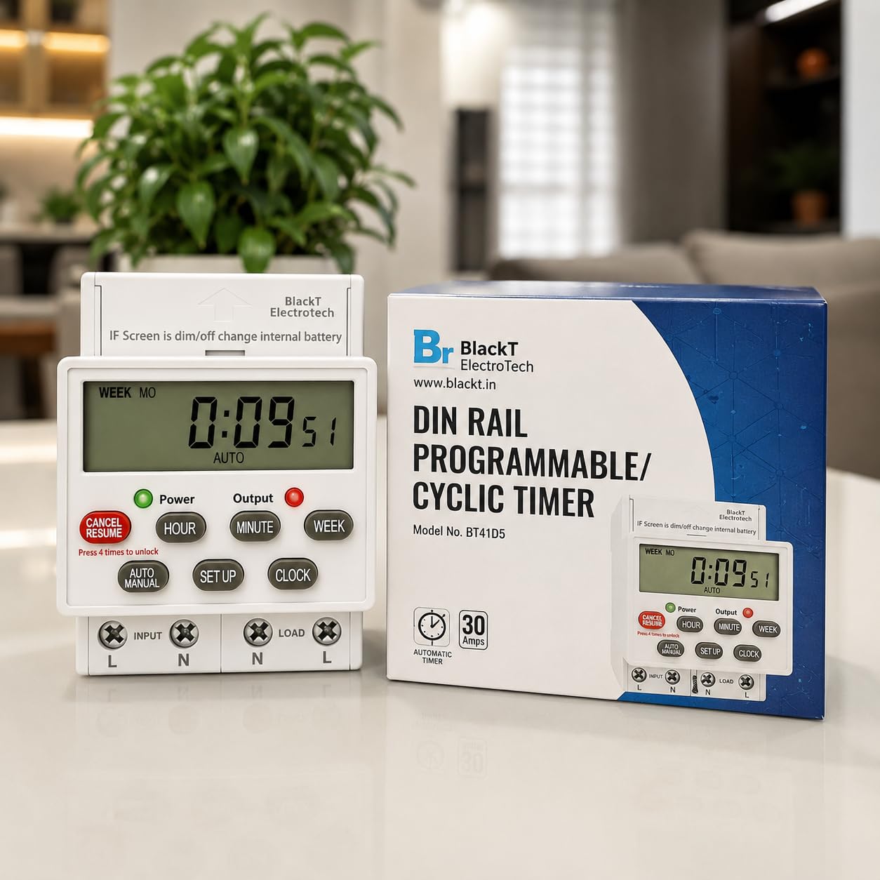 BlackT Electrotech BT41D5 Digital Timer Switch 30A, 230V | Programmable Timer with 24 ON/Off Programs, Cyclic & Manual Start/Stop Delay | for Geyser, Water Pump, Lights, & Motors — Amazon image 5