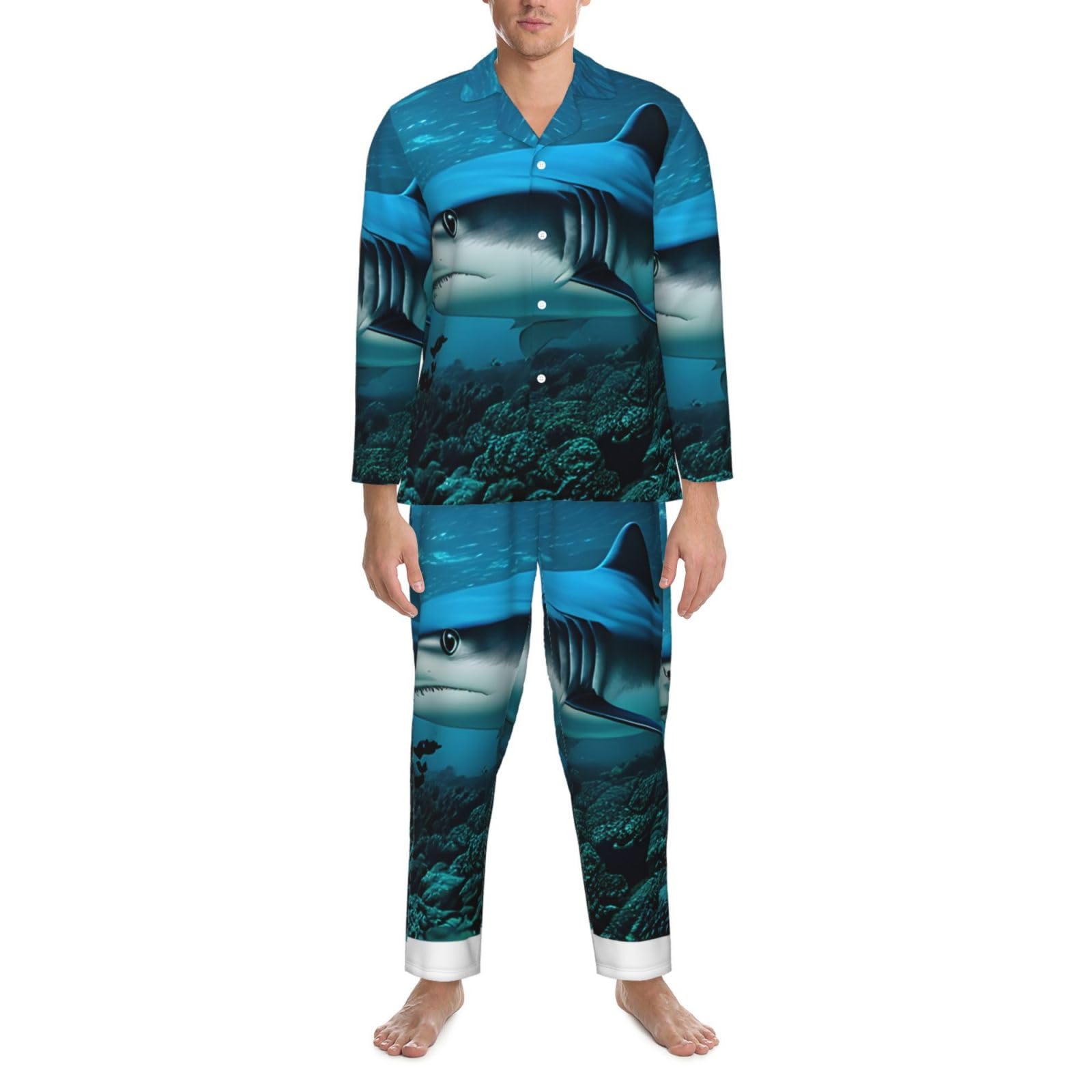 Herren-Pyjama-Set, langärmelig, Hai-Aufdruck, zweiteilig, bequem, Nachtwäsche, Blau