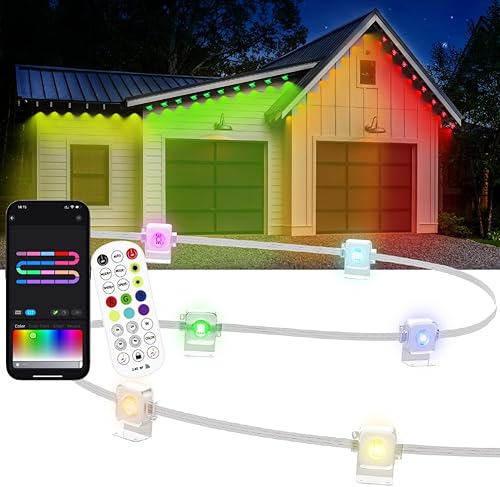 Luz permanente para exteriores de 50 pies, luces LED inteligentes RGB Plus IC para casa, aplicacióncontrol remoto, compatible con Alexa, tira LED