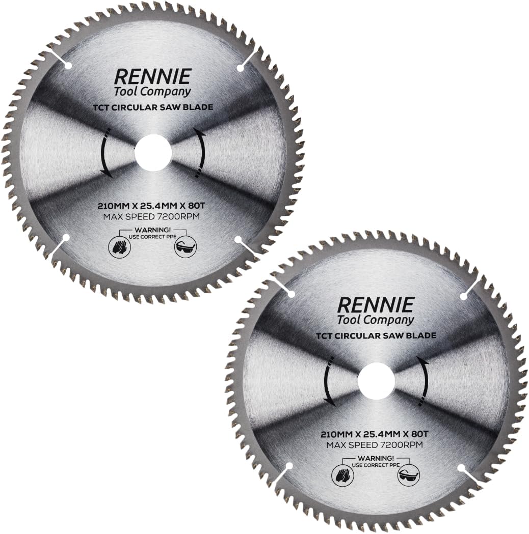 Rennie Tools 2 Pack - 210mm x 80T x 25.4mm Bore TCT Circular Wood Saw Blades Fits Evolution Saws & Evolution Rage Saws. 210mm Saw Blades 25.4mm Bore With 80 Teeth