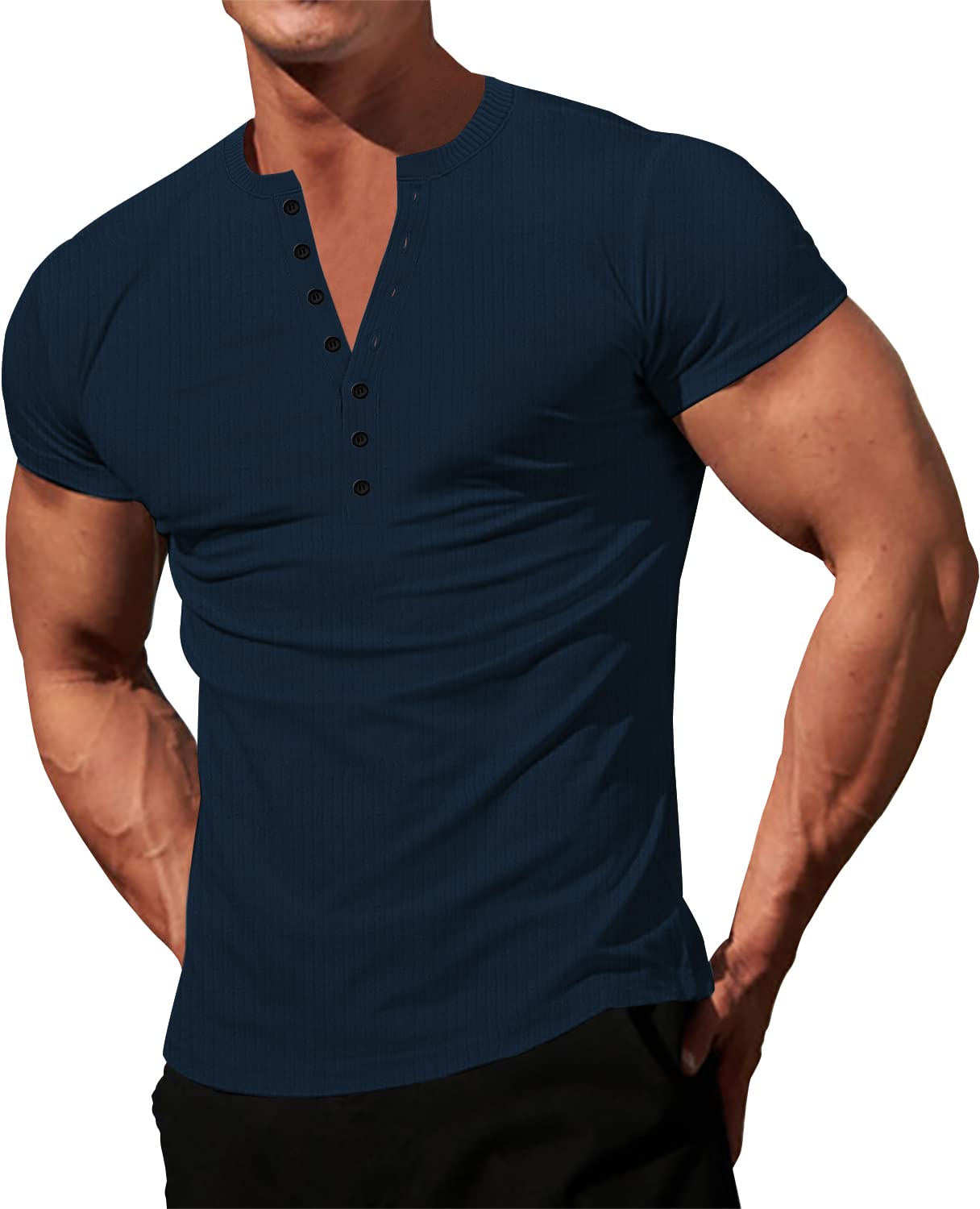 LOGEEYAR Mens Knit Stretch Henley Shirt Workout Slim Fit Short Sleeve Tees Athletic Muscle Casual T-Shirt