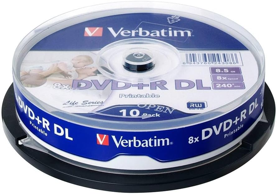 Verbatim 64308 8.5GB Blank Double Layer DVD+R DL 8X Speed IJP Ink Jet Printable White (Pack of 10 Disc Cake Box)
