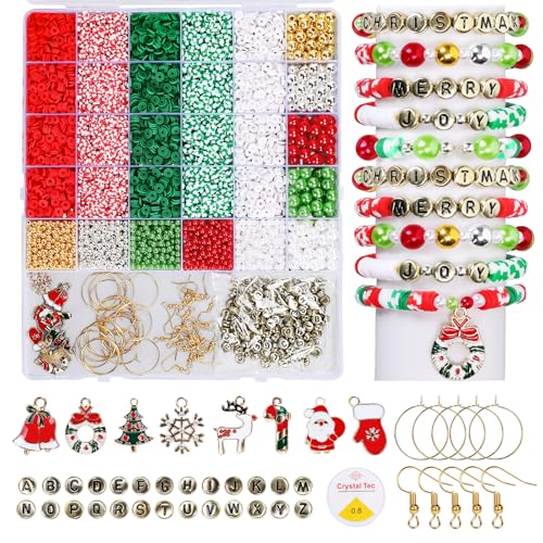 JarThenaAMCS 5284Pcs Christmas Clay Beads Friendship Bracelet Making Kit Xmas Red Green Letter Mixed Loose Spacer Polymer Beads for Holiday Necklace Earring DIY Crafts Gift Jewelry Making