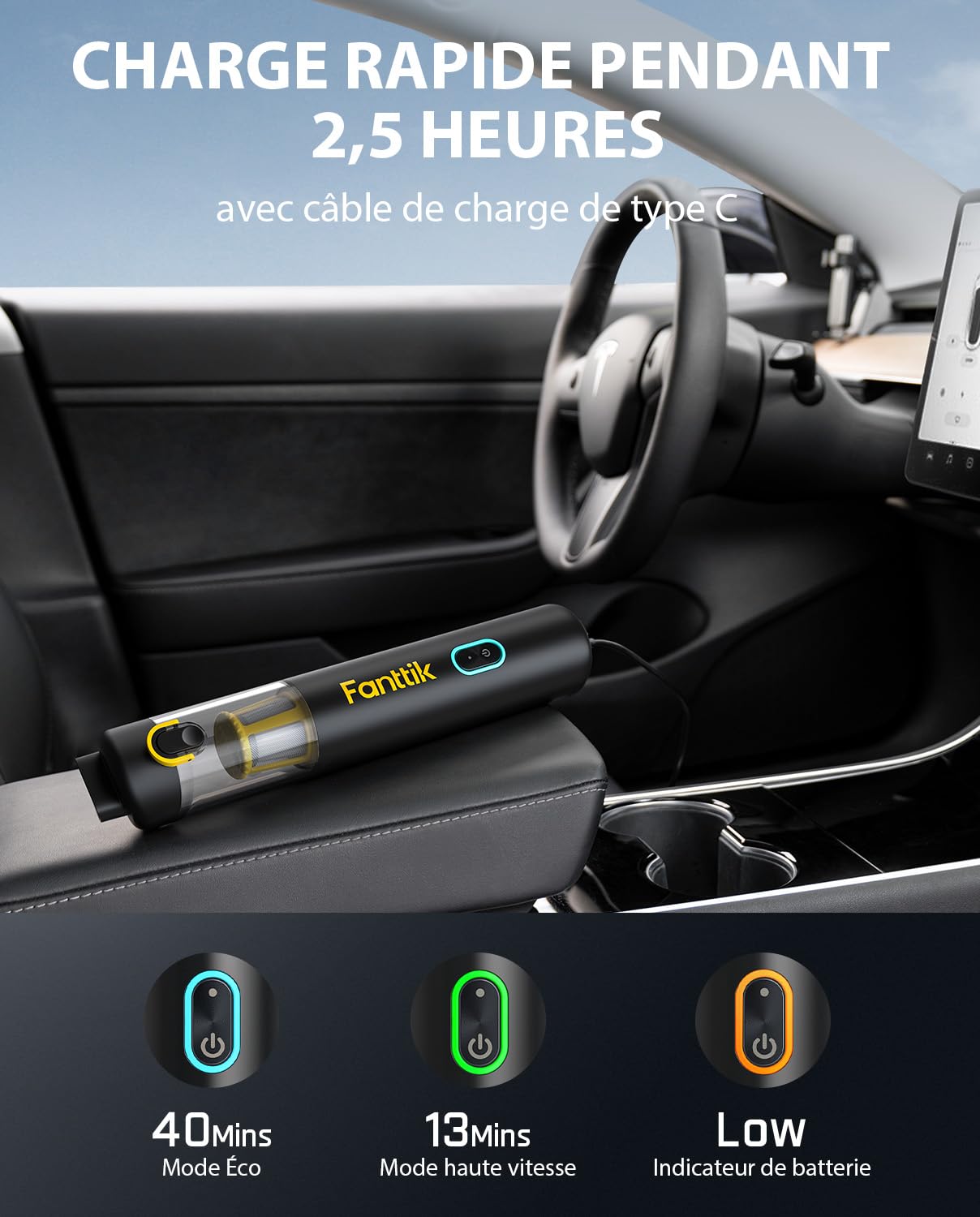 Fanttik Slim V8 Apex Aspirateur de Voiture,Haute Puissance D'aspiration 19KPa Aspirateur à Main,Charge Rapide USB-C Aspirateur sans Fil pour Voiture,4 en 1 Aspirateur/Souffleur/Gonfleur/Pompe（Noir）