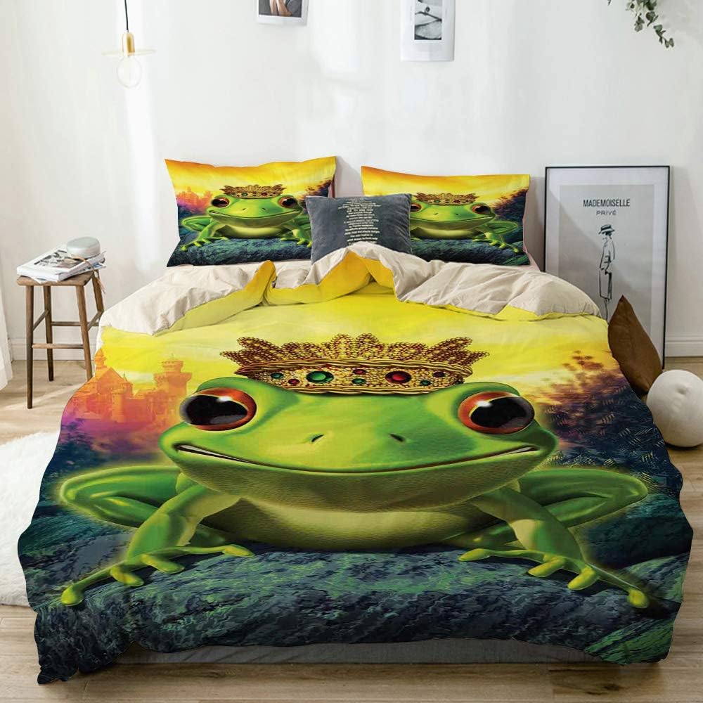 DAHALLAR Beige bedding - Duvet Cover Set,Animal Frog Prince with Golden Yellow Crown on Rocks Fairy tale Soul Mates Illustration Green Yellow,Microfibre 260x220cm with 2 Pillowcase 50x80cm