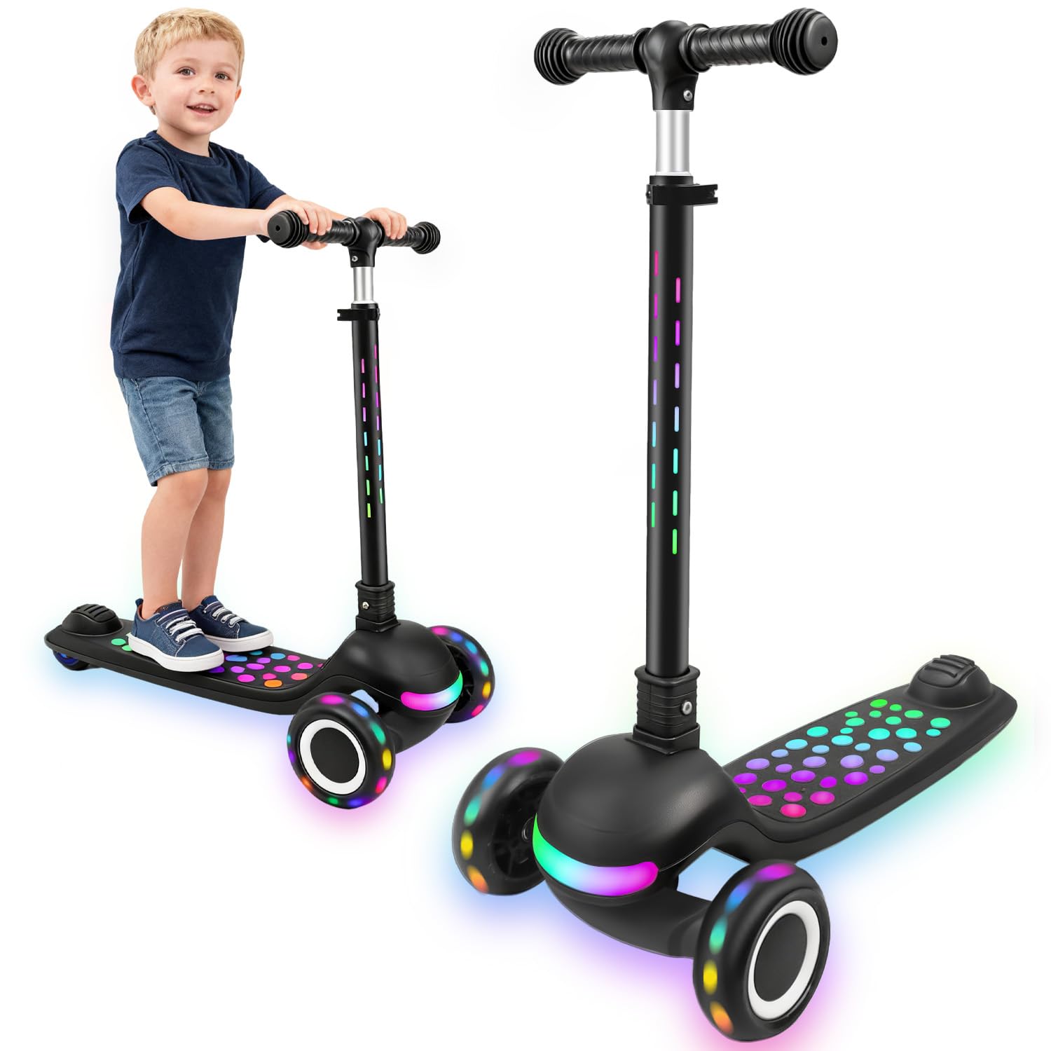 Light Up 3 Wheel Kick Scooter for Kids Toddlers with LED Sync Lights, Flashing Stem &amp; Wide Polka Dot Deck Adjustable Height Music Function Safe Sturdy Folding Scooter for Kids