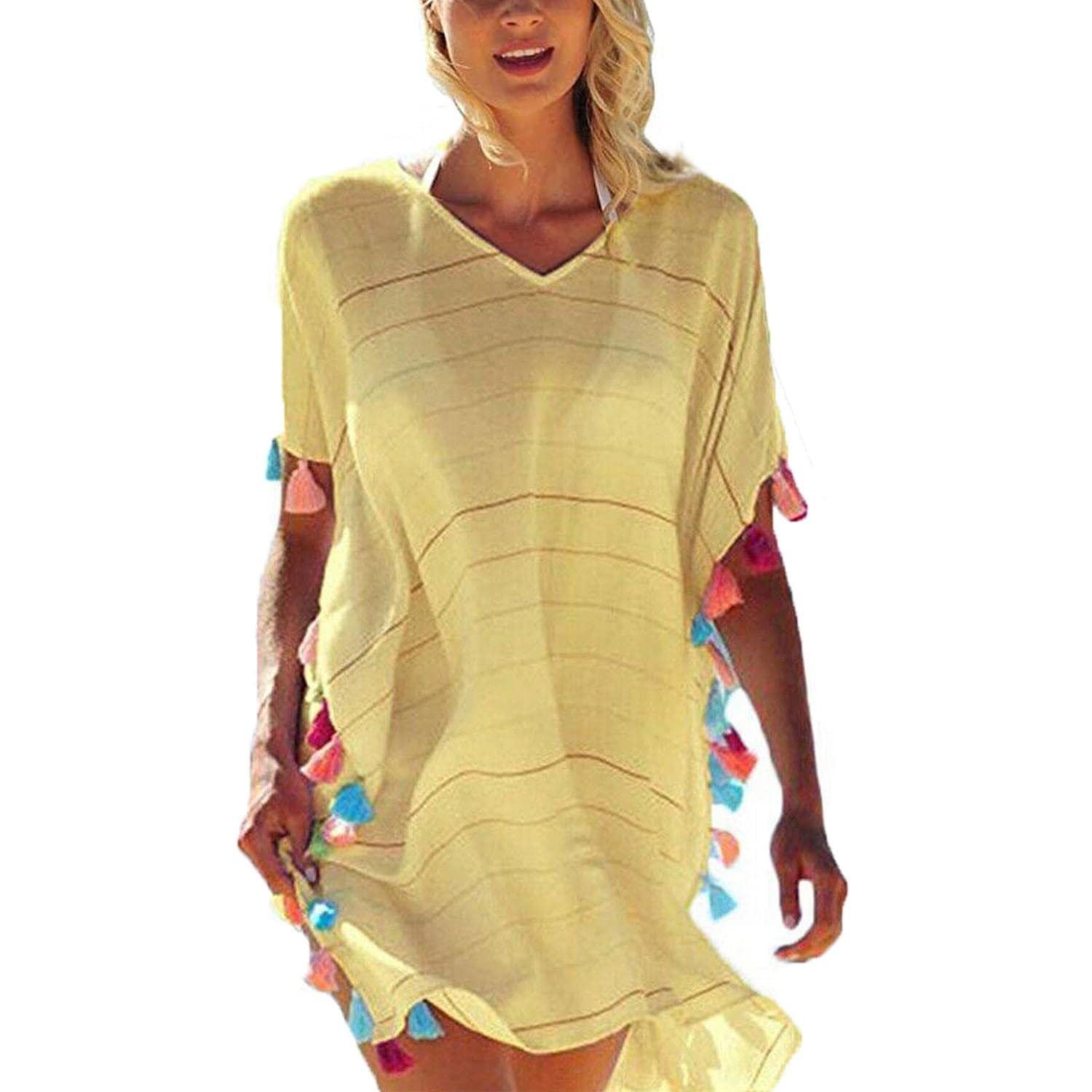 TBSCWYF Mujer Vestido de Playa Borla de Gasa Mujer Ropa de Baño Suelto Vestido de Playa Cubrir Blusa Camisolas y Pareos Bikini Cover up