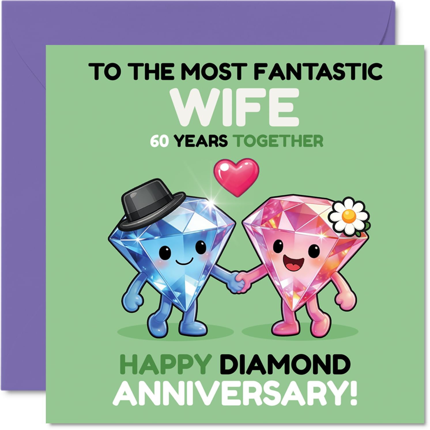 Playful 60th Anniversary Card for Wife - Celebrating Sixty Sparkling Years - Cute Diamond Duo Design - A Playful Nod to Your Dazzling Partnership - 145mm Square, Envelope Included